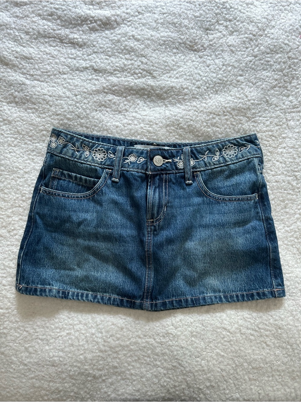 Hollister Dark Blue Denim Mini Skirt with White Waist Embroidery